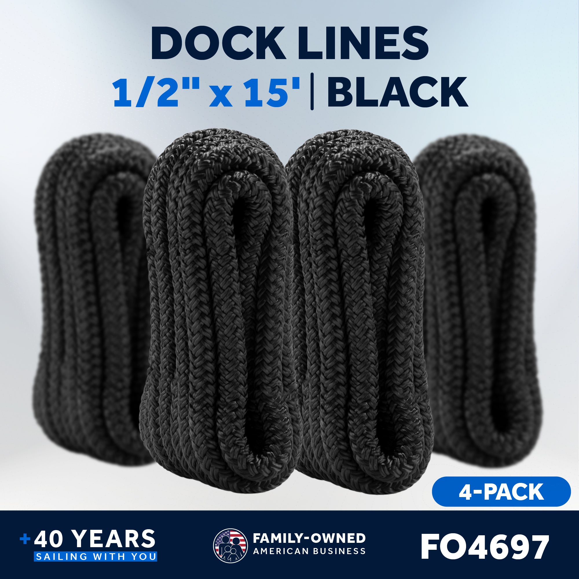 1/2" x 15' Boat Dock Lines with 12" Eyelet, 4-Pack, Black Premium Double Braid Nylon - FO4697