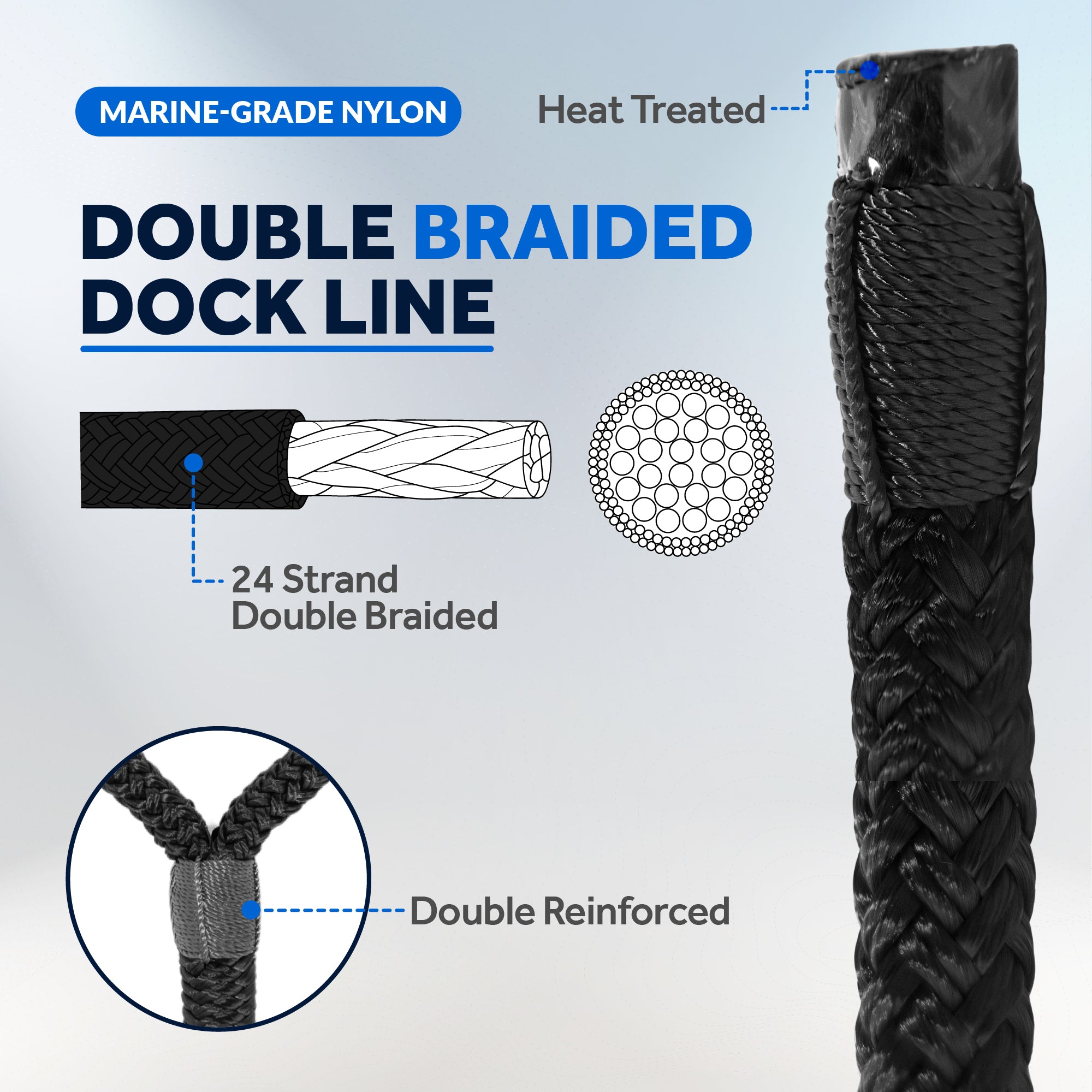 1/2" x 15' Boat Dock Lines with 12" Eyelet, 4-Pack, Black Premium Double Braid Nylon - FO4697