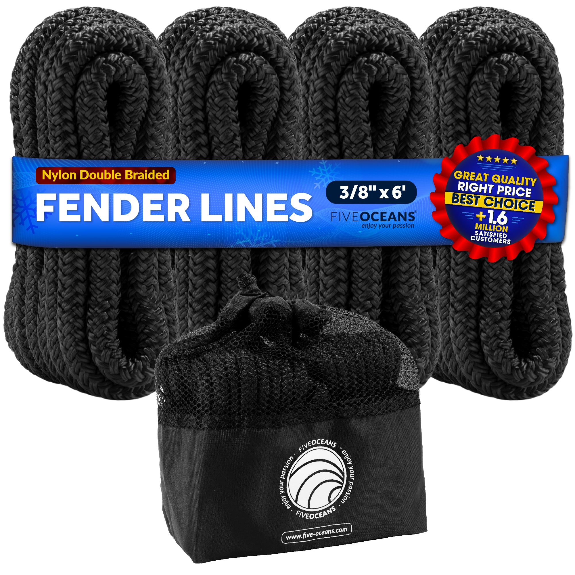 3/8" x 6' Boat Fender Lines with 5" Eyelet,  Black Premium Double Braid Nylon - FO4698