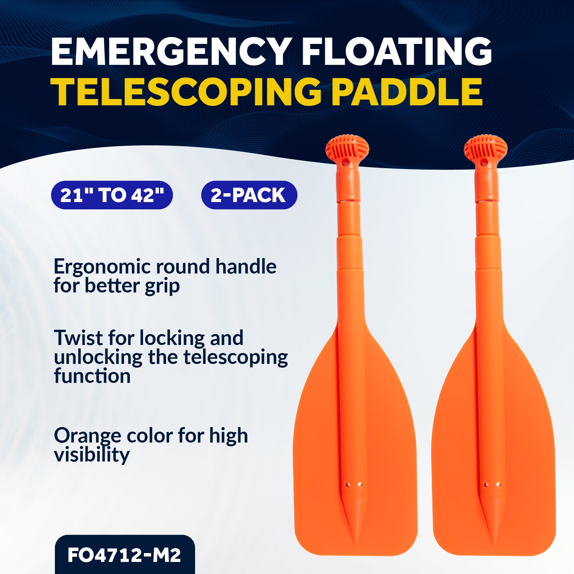 Emergency Floating Telescoping Paddle Extends from 21" to 42", Round-Grip - Orange - 2-Pack - FO4712-M2