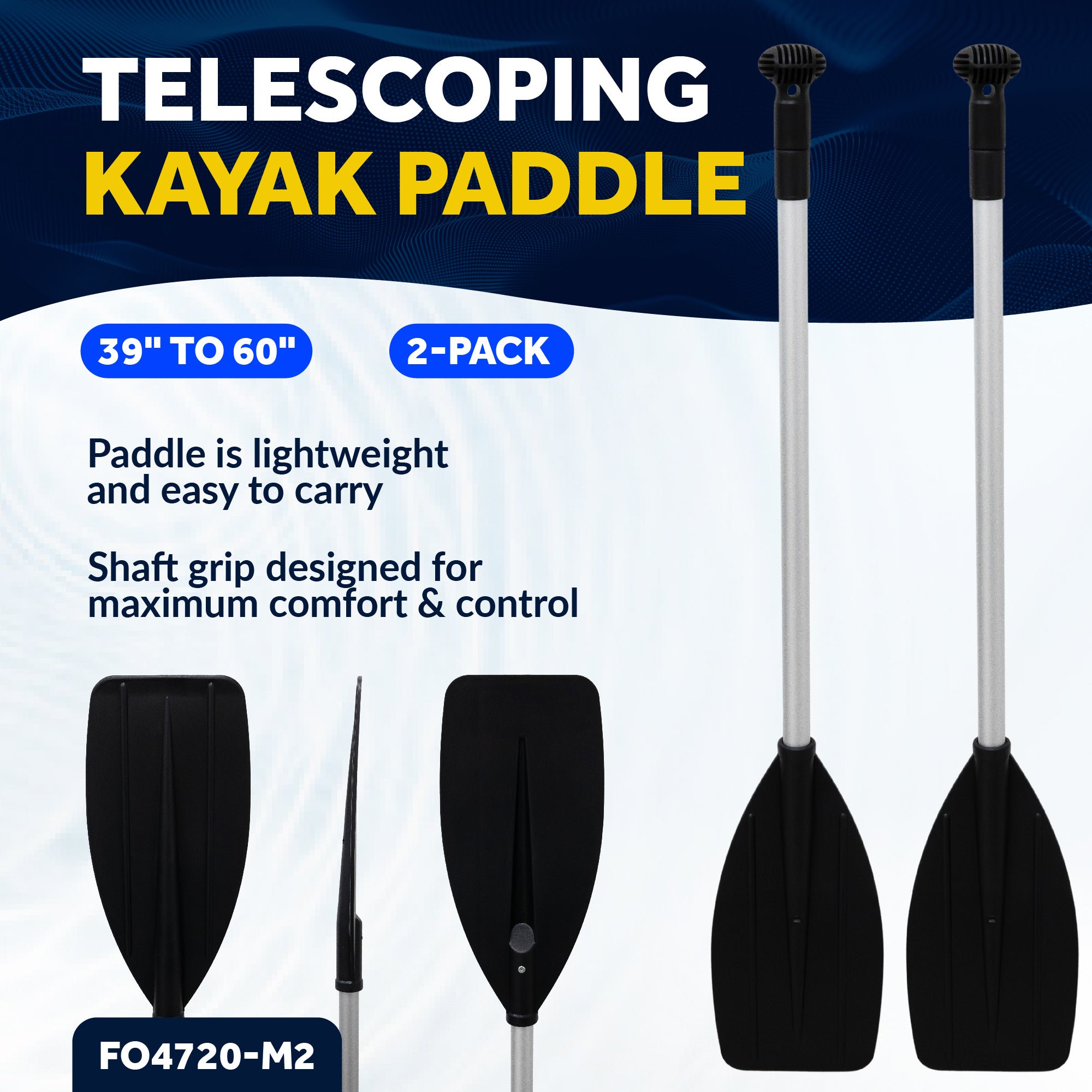 Telescopic Canoe Paddle, Extends from 39" to 60", Round Grip - 2-Pack - FO4720-M2