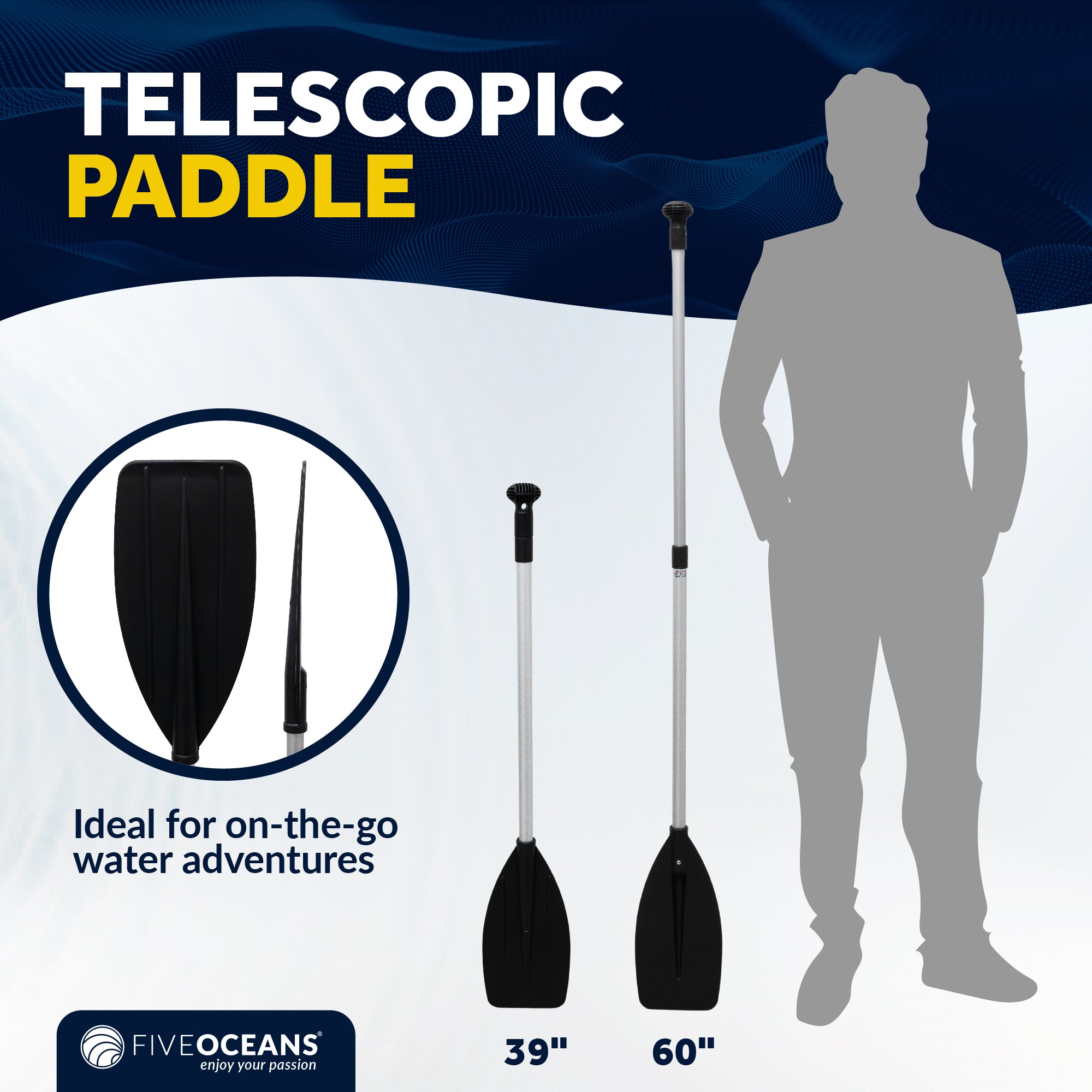 Telescopic Canoe Paddle, Extends from 39" to 60", Round Grip - 2-Pack - FO4720-M2