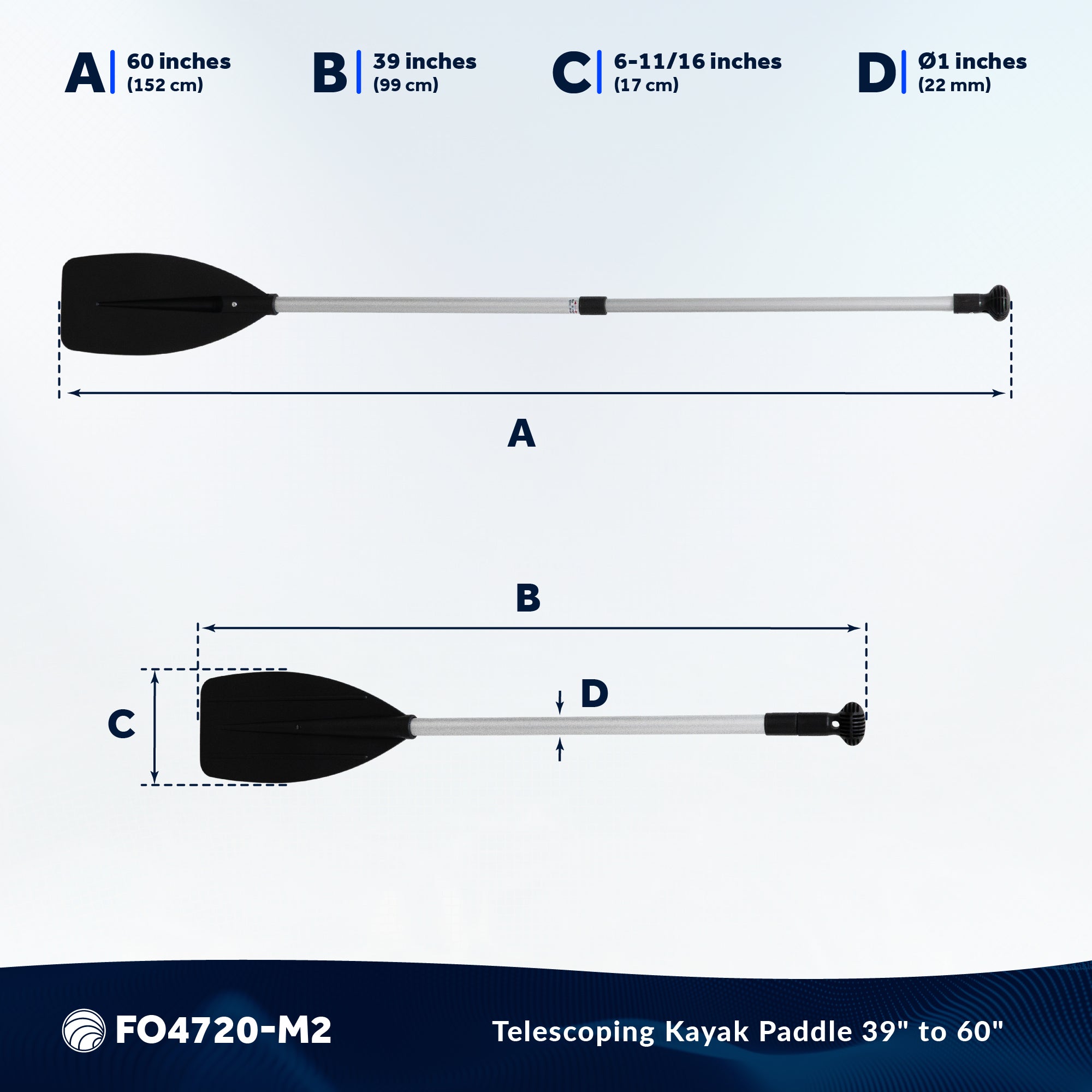 Telescopic Canoe Paddle, Extends from 39" to 60", Round Grip - 2-Pack - FO4720-M2