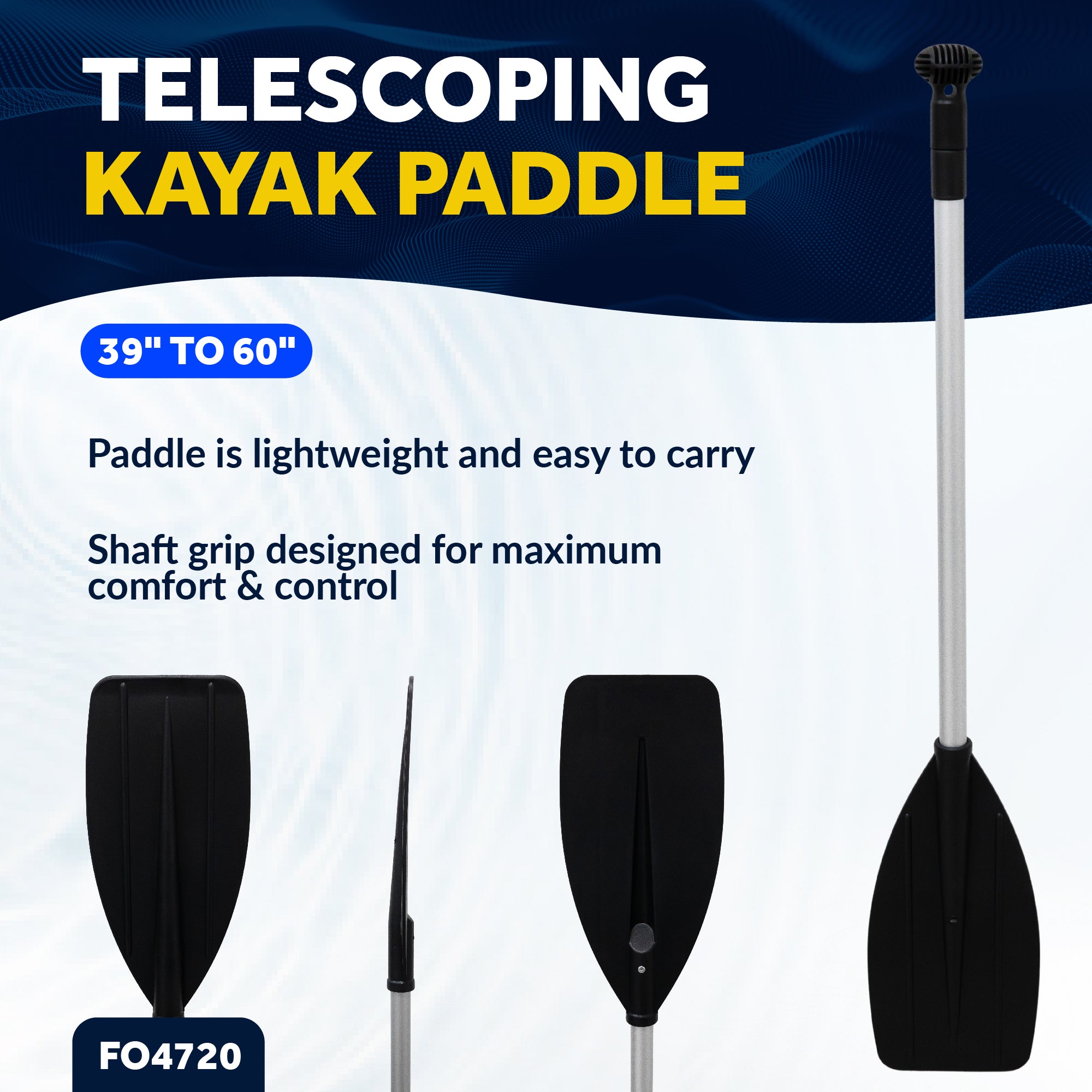 Telescopic Canoe Paddle, Extends from 39" to 60", Round Grip - FO4720