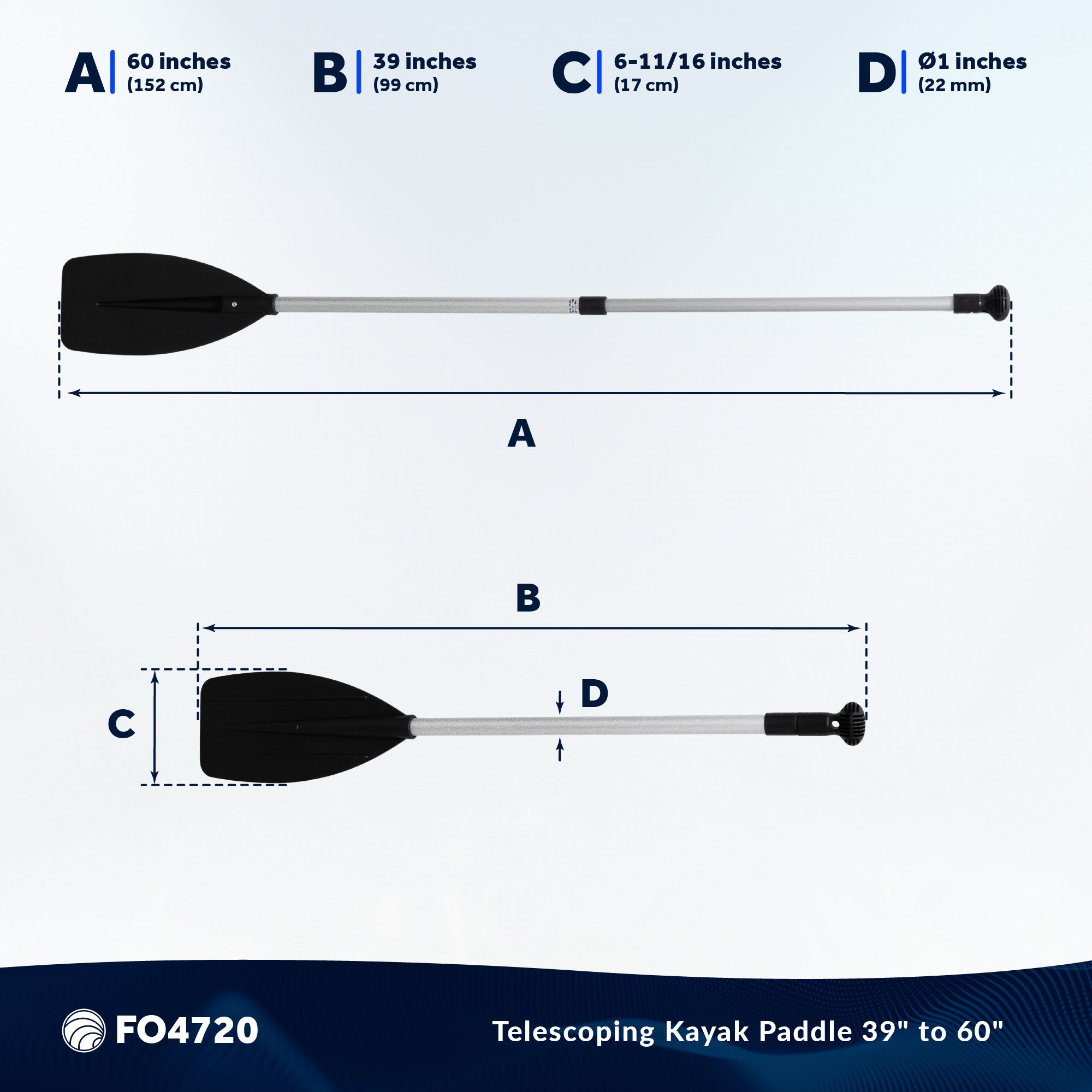 Telescopic Canoe Paddle, Extends from 39" to 60", Round Grip - FO4720