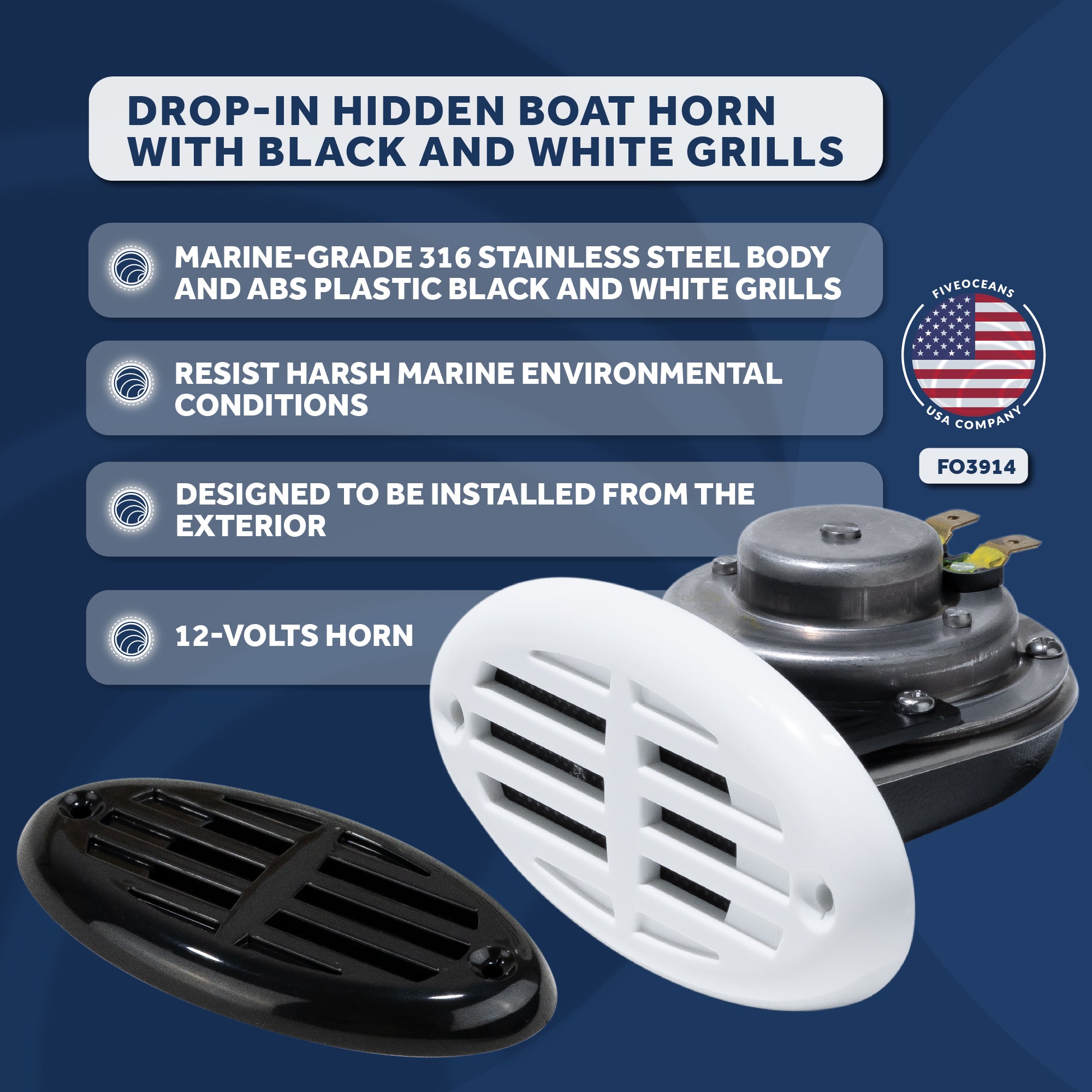 Drop-in Hidden Boat Horn with Black and White Grills, 12V - 110+5 dB -