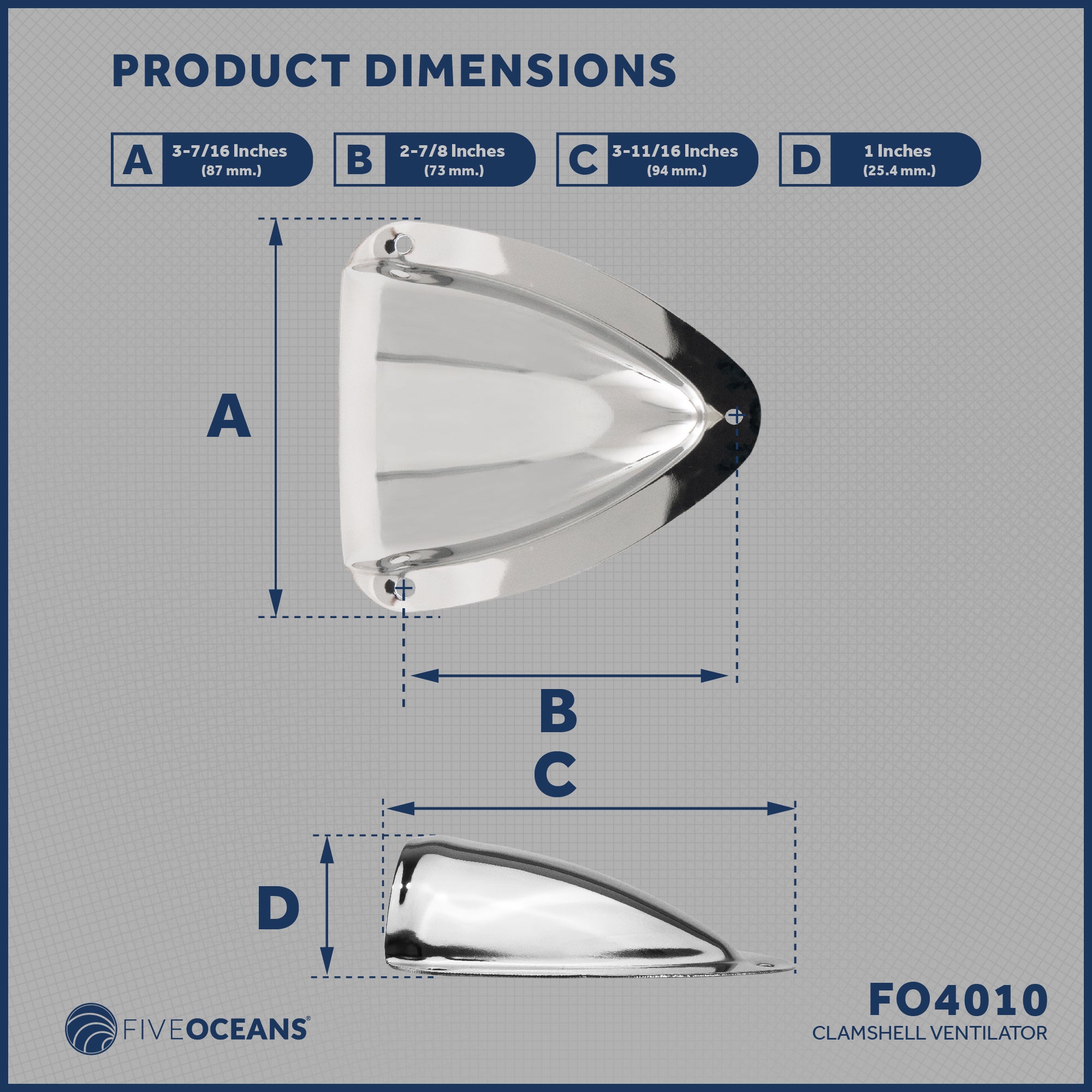 Clamshell Vent Cover, Base 3-11/16" L x 3-7/16" W, Stainless Steel - FO4010