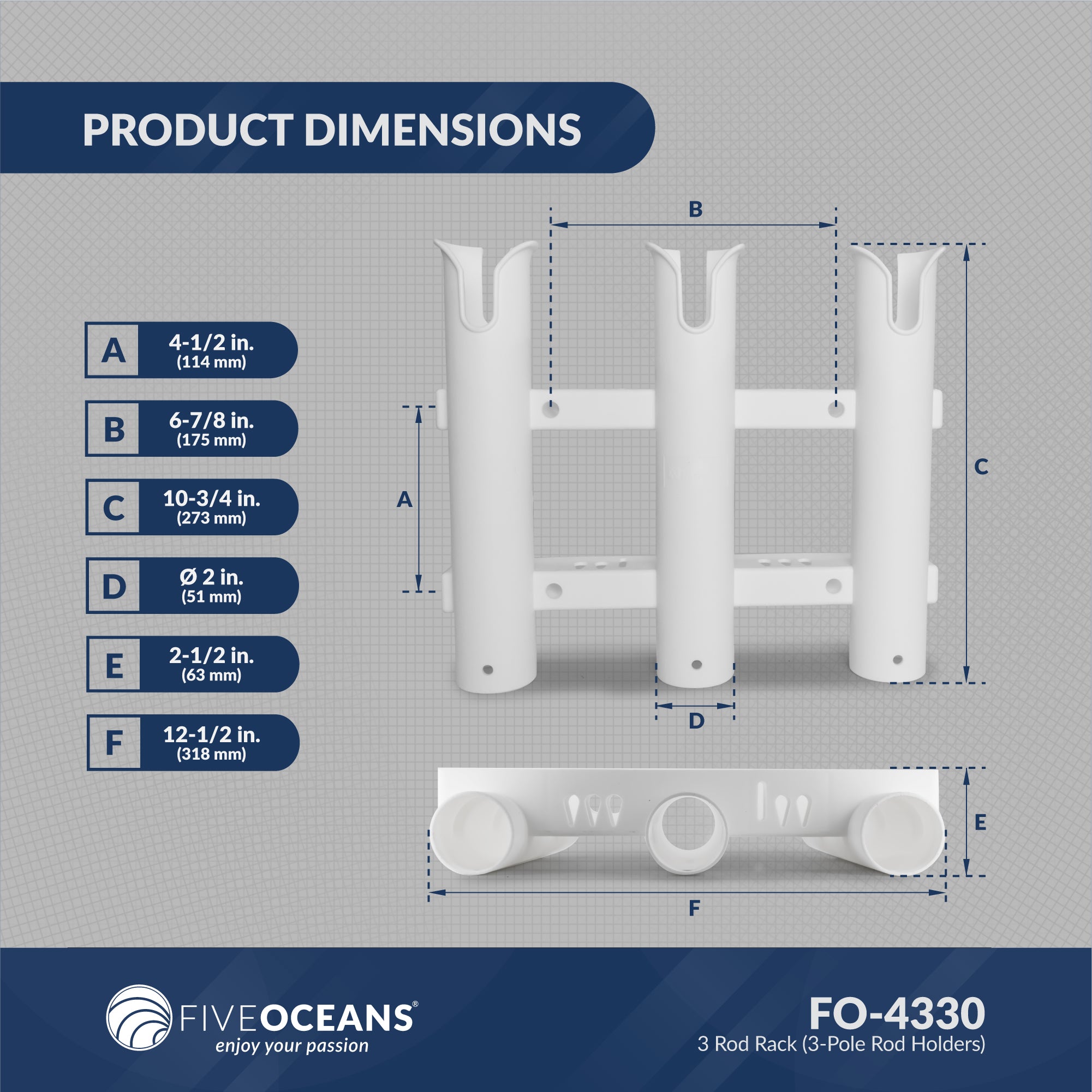 3 Rod Rack (3-Pole Rod Holders), White, Side-Mount - FO4330