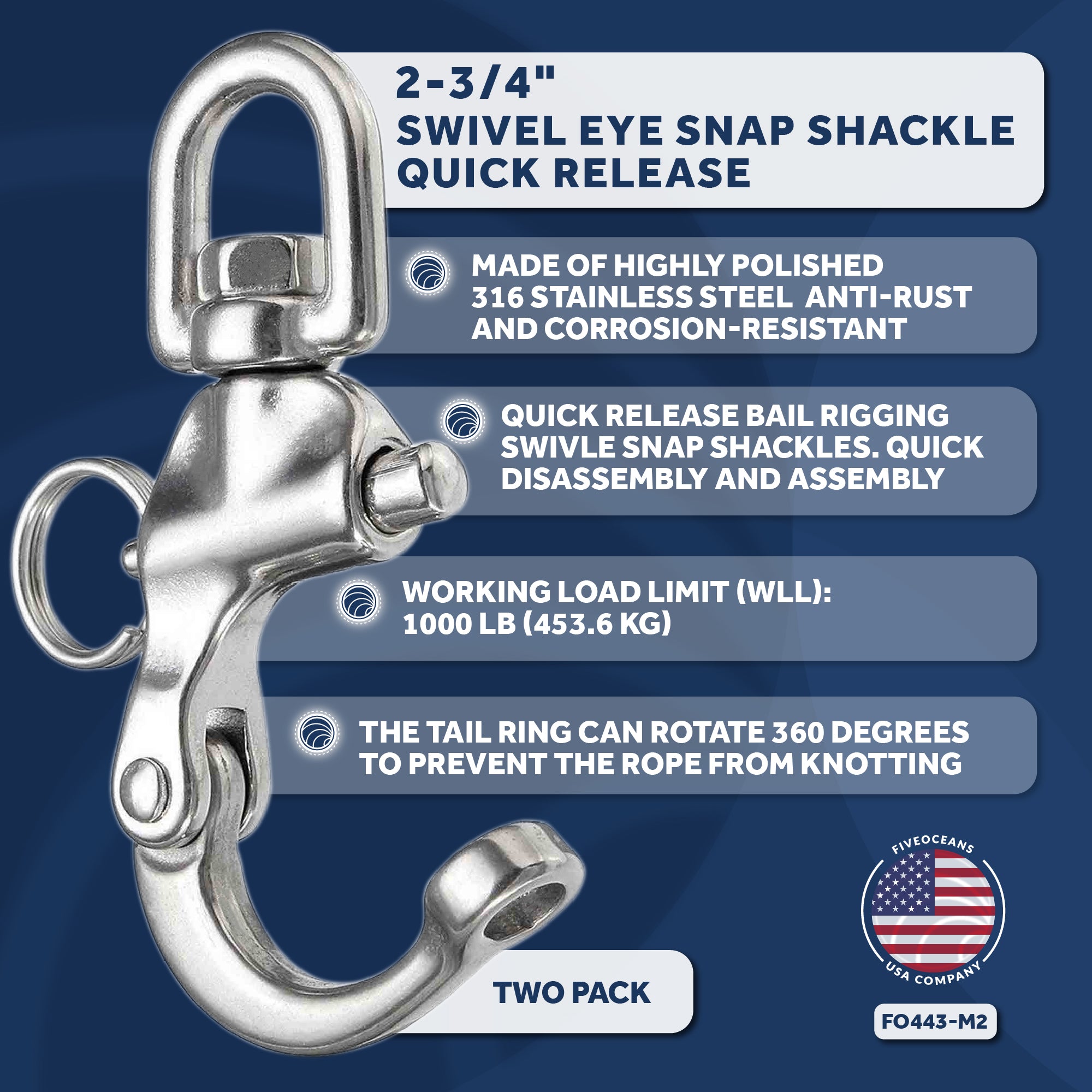 Five Oceans Swivel Eye Snap Shackle Quick Release Bail Rigging Sailing Boat Stainless Steel, 2-3/4 Inches (Pair) FO-443-M2