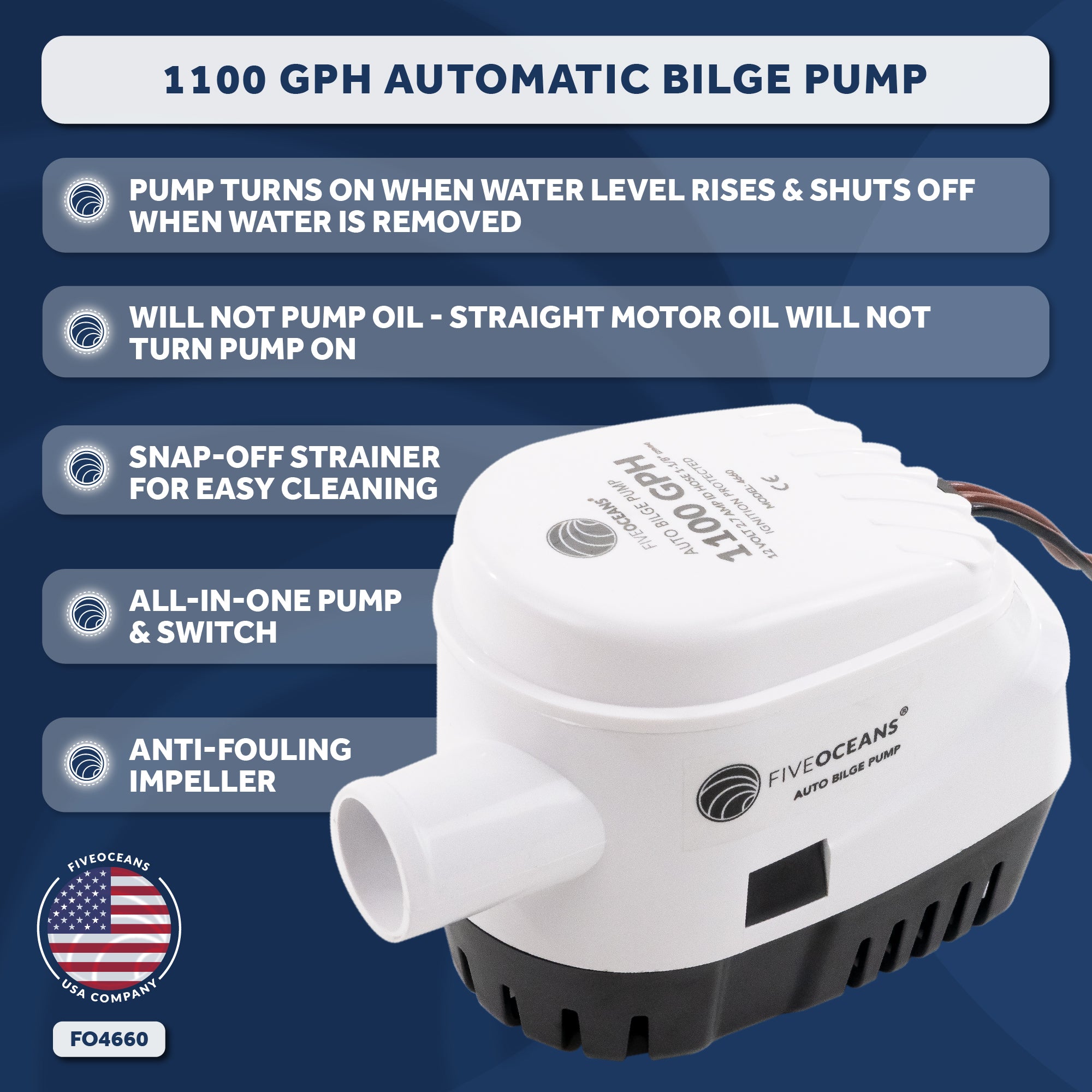 1100 GPH / 4164 LPH Automatic Bilge Pump 12V, 1-1/8