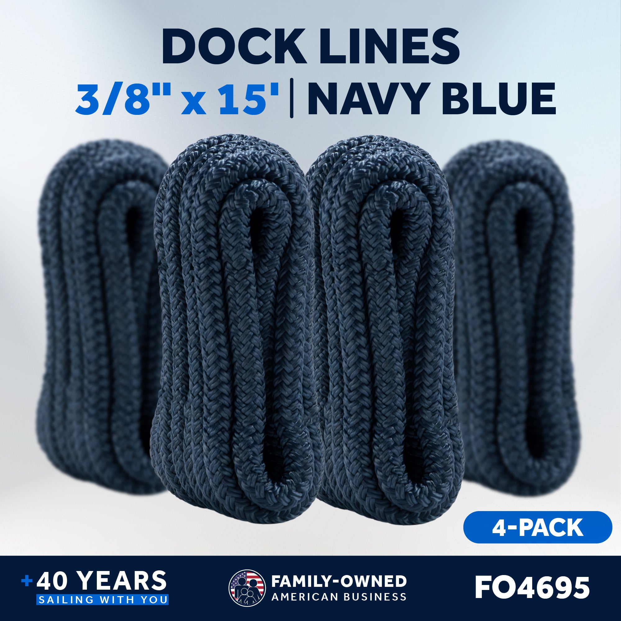 3/8 x 15' Boat Dock Lines with 12 Eyelet, 4-Pack, Navy Blue Premium